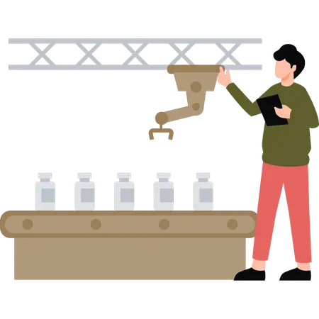 Boy holding bottles using conveyor  Illustration