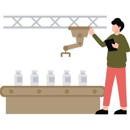 Boy holding bottles using conveyor  Illustration