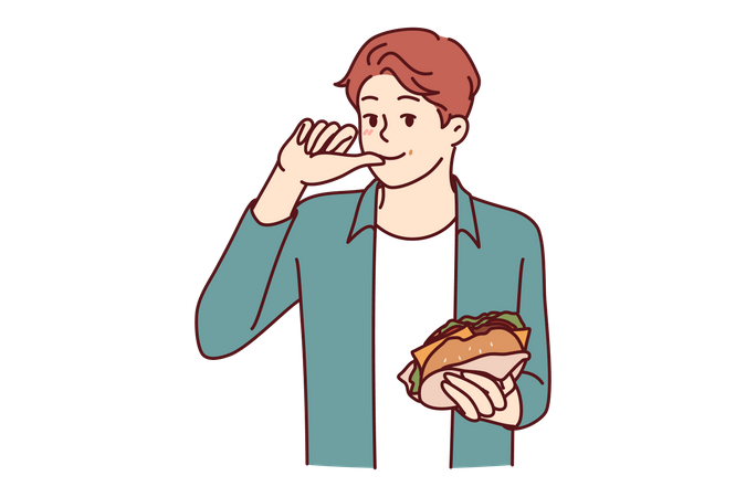 Boy holding burger and ask for water  Illustration