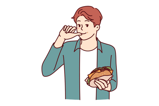 Boy holding burger and ask for water  Illustration