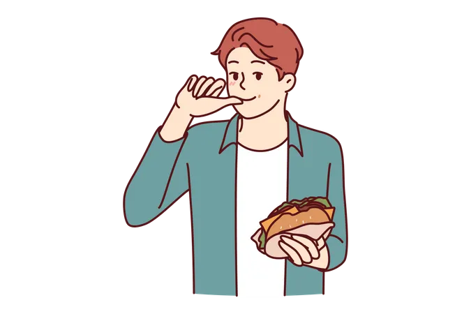 Boy holding burger and ask for water  Illustration