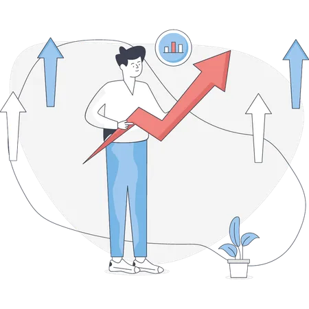 사업 상승 화살표를 들고 있는 소년  일러스트레이션