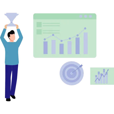 Boy holding business trophy  Illustration