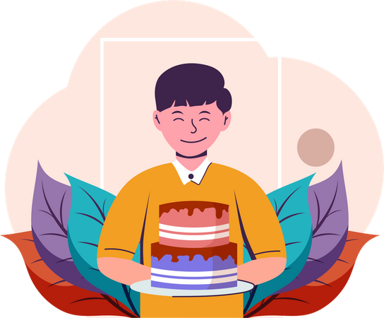 Boy holding cake  Illustration