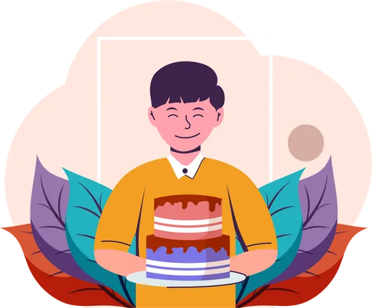 Boy holding cake  Illustration