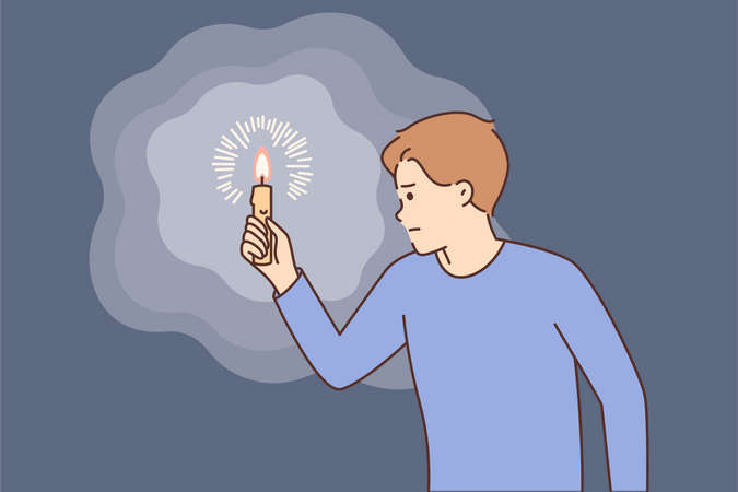Boy holding candle in dark area  Illustration