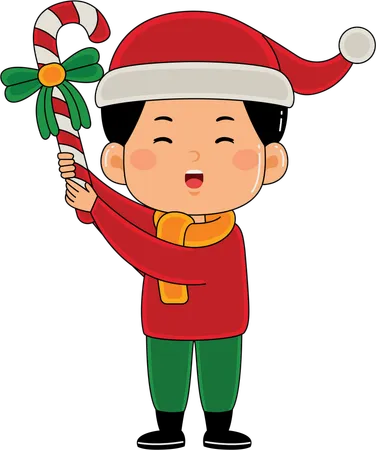 Boy holding candy cane stick  Illustration