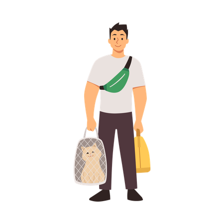 Boy holding carrier bag with cat inside  Illustration