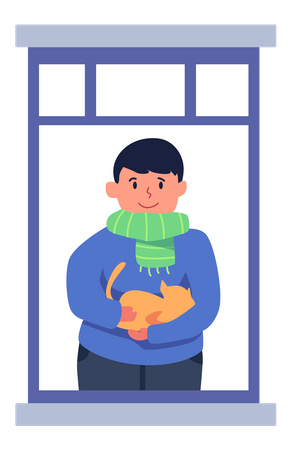 Boy holding cat and standing near window  Illustration