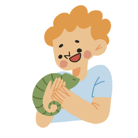 Boy holding chameleon  Illustration