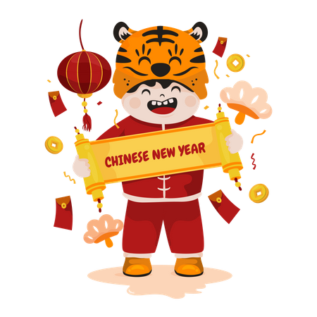 Boy Holding Chinese new year banner  Illustration