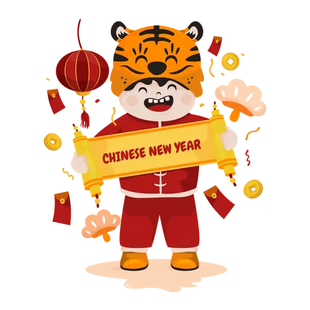 Boy Holding Chinese new year banner  Illustration