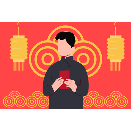 Boy holding chinese envelope  Illustration