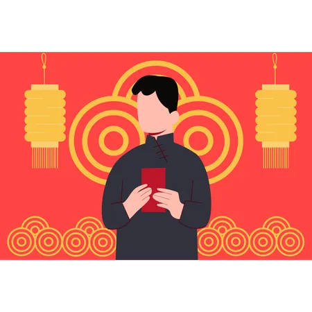 Boy holding chinese envelope  Illustration
