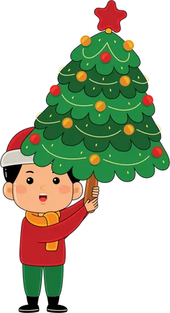 Boy holding Christmas tree  Illustration