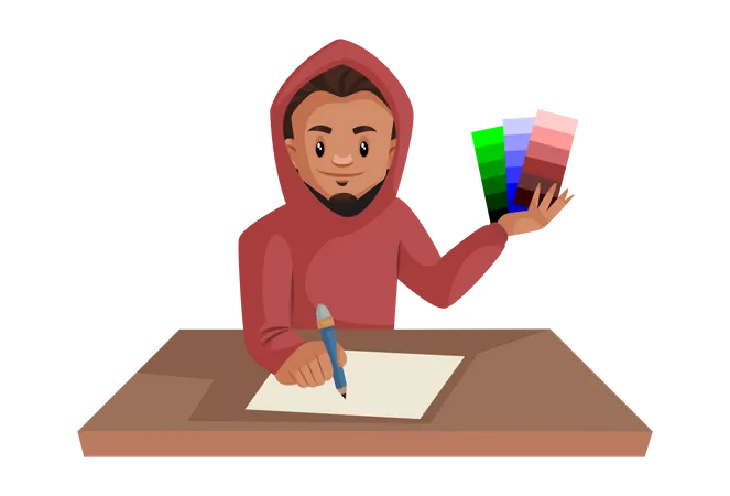 Boy holding color shaded in his hand while drawing  Illustration