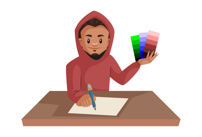 Boy holding color shaded in his hand while drawing  Illustration