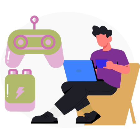 Boy  holding cup and works on laptop  Illustration