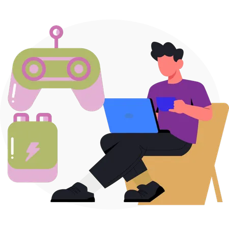 Boy  holding cup and works on laptop  Illustration