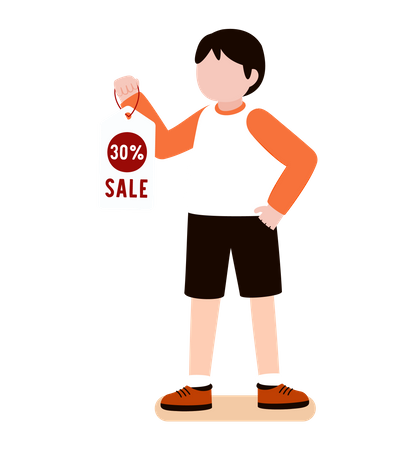 Boy holding discount tag Illustration