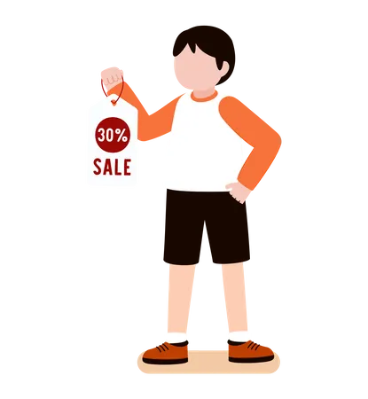 Boy holding discount tag  イラスト