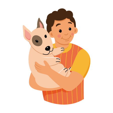 Boy holding dog  Illustration