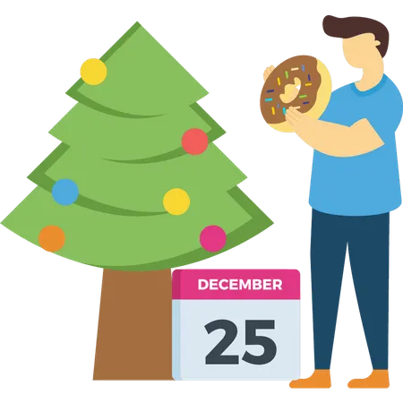 Boy holding donut near the Christmas tree Illustration