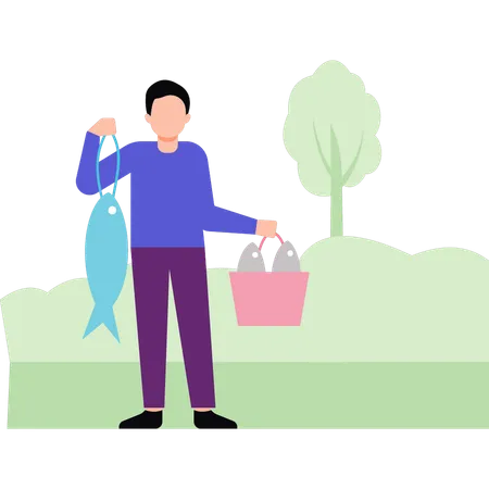 The Boy Is Holding Fish Illustration
