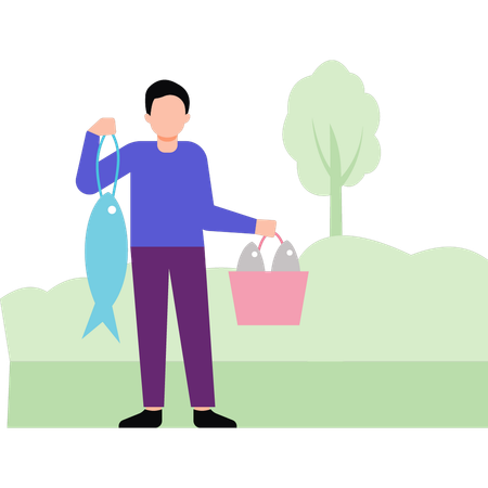 Boy holding fish  Illustration