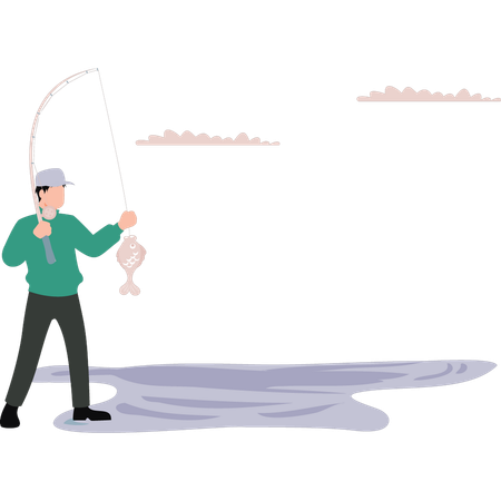 Boy holding fish in hand  Illustration