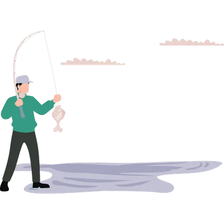 Boy holding fish in hand  Illustration