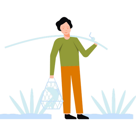 Boy holding fishing rod and net Illustration