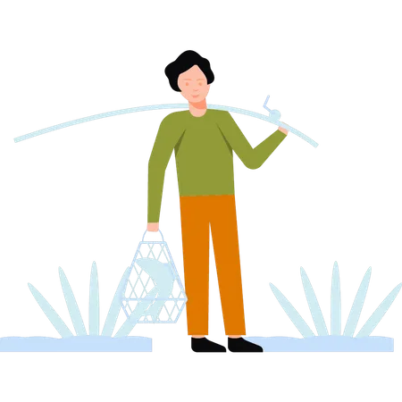 Boy holding fishing rod and net  Illustration