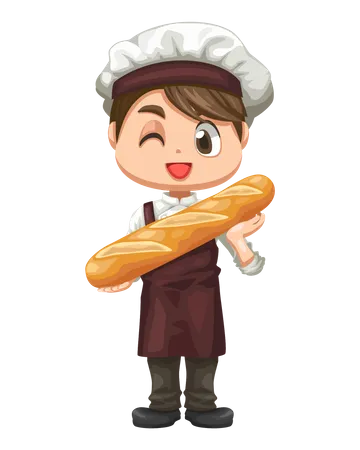 Boy holding fresh piece of baguette  Illustration