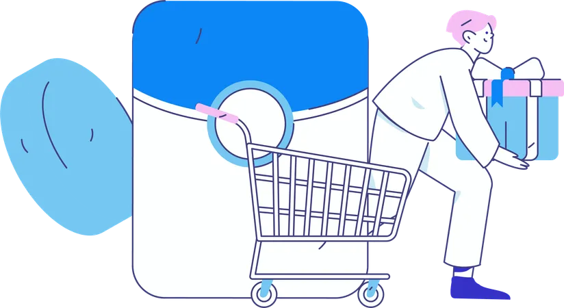 Boy holding gift box while doing shopping payment  Illustration