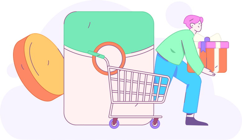 Boy holding gift box while doing shopping payment  Illustration