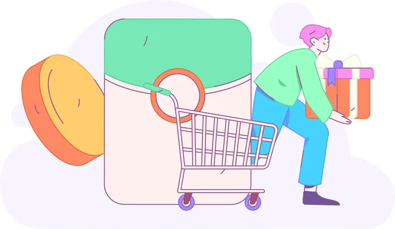 Boy holding gift box while doing shopping payment  Illustration