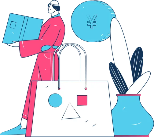 Boy holding gift box while doing shopping payment  Illustration