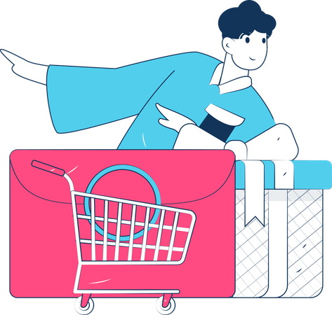 Boy holding gift box while doing shopping payment  Illustration