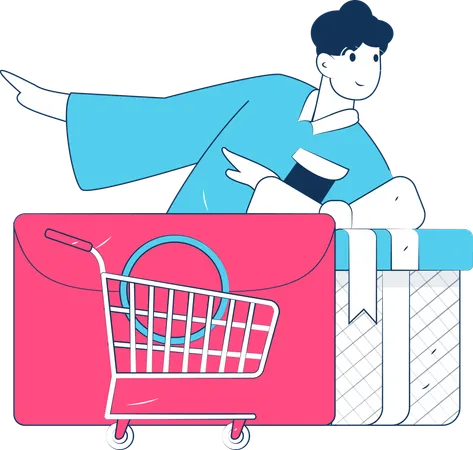 Boy holding gift box while doing shopping payment  Illustration