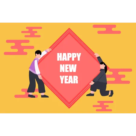 Boy holding happy new year banner  Illustration