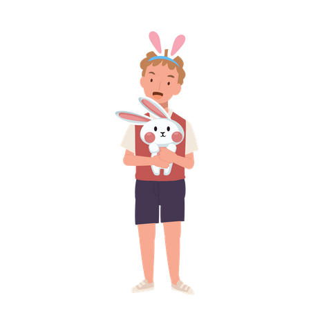 Boy holding hugging an adorable bunny Illustration