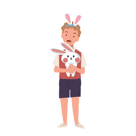 Boy holding hugging an adorable bunny Illustration