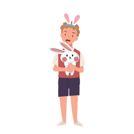Boy holding hugging an adorable bunny  Illustration