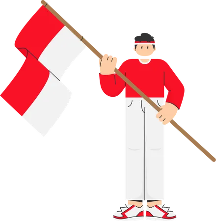 Boy holding Indonesian flag  Illustration