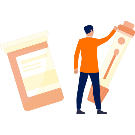 Boy holding insulin jar and strip  Illustration