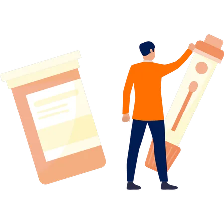 Boy holding insulin jar and strip  Illustration