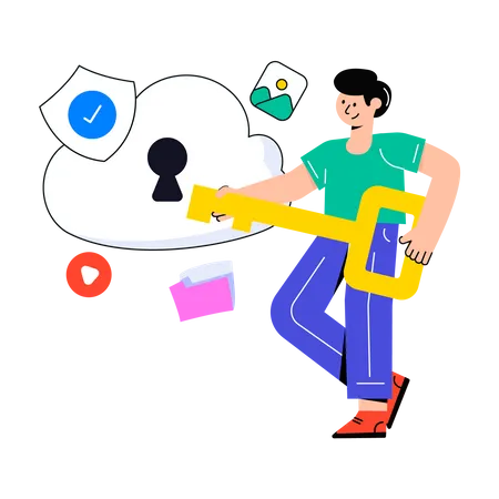 Boy holding key and protect Cloud Data Illustration