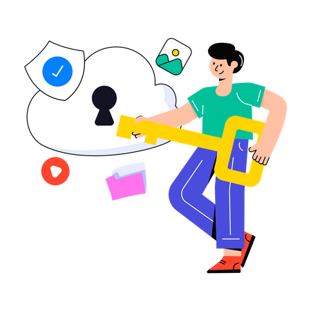 Boy holding key and protect Cloud Data  Illustration