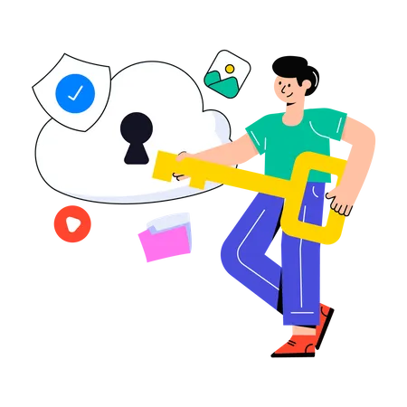 Boy holding key and protect Cloud Data  Illustration